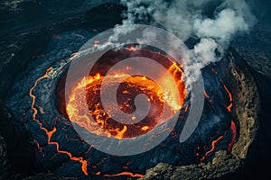 This photo showcases an aerial view of an erupting volcano, with smoke and lava spewing from its crater, Spectacular view from