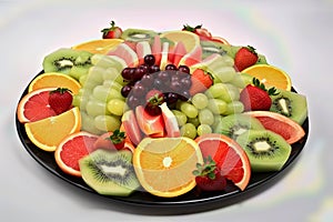 a collection of healthy and fresh fruits in a black plate