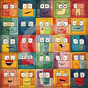 Colorful Cartoon Quilt With Responsive Smiling Faces photo