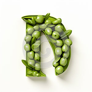 3d Cartoon Letter N With Green Olives And Leaves photo