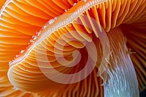 This photo showcases a detailed close-up of a sizeable orange mushroom, capturing its unique features and textures, Close-up shot