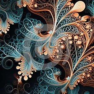 Intricate Blue And Orange Fractal Pattern With Detailed Feather Rendering