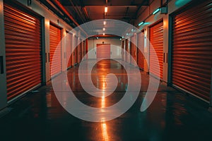 Industrial Roller Shutter Door on Concrete Floor with Night Lighting photo