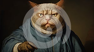 Hyperrealistic Portraiture: A Robed Cat Pointing With Tongue photo