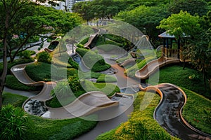 This photo showcases a park with a slide and a play area, providing recreational opportunities for children, A playground overcome