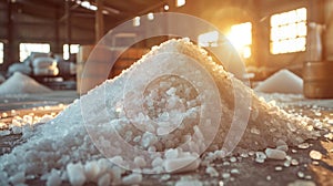 Sea Salt Harvesting: Piles of Industrial Sodium Chloride from Evaporation and Crystallization of Sea Water for Agriculture photo