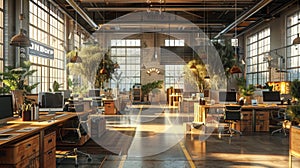 Spacious and Modern Coworking Office Design with High Ceilings, Abundant Workstations, and Cutting-Edge Technology photo