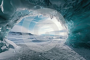 The photo showcases a stunning ice cave teeming with a plentiful amount of ice formations, An impressive ice cavern in a frozen