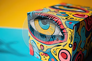 This photo showcases a vibrant box adorned with a captivating eye painting, adding an intriguing and artistic touch to any space,