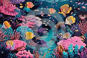 This photo showcases a vibrant painting of a coral reef teeming with fish, A colorful illustration of a tropical fish ecosystem,