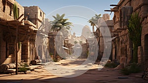 Desert City With Palm Trees: Ray Tracing And Iron Age Concept Art photo