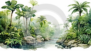 Tropical Jungle Watercolor Illustration With Stream - Ps1 Graphics Style photo