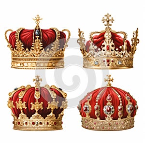 Exquisite Realism: Four Kings Crowns And Crown Ornaments In Red And Gold photo