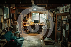 A photo showcasing a room filled with numerous books and various pieces of furniture, A culmination of work and solitude in a home