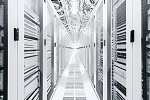 A photo showcasing a straight line of servers in a busy data center, with blinking lights and humming sounds, Artistic