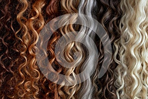 A photo showcasing a variety of curly hair in different vibrant colors, Texture study of different types of hair - curly, wavy,