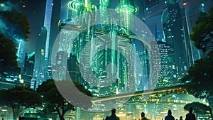 A photo showcasing a vibrant futuristic city at night, with a group of individuals standing in front of it, Futuristic city
