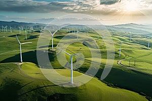 A photo showcasing a wind farm located in the center of a lush green field, Hundreds of wind turbines in a field captured from the