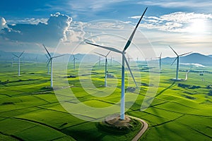 A photo showcasing a wind farm situated in the center of a lush green field, Hundreds of wind turbines in a field captured from