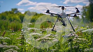 Photo showing a drone spraying toxic Giant Hogweed with specialized liquids