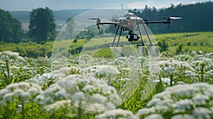 Photo showing a drone spraying toxic Giant Hogweed with specialized liquids