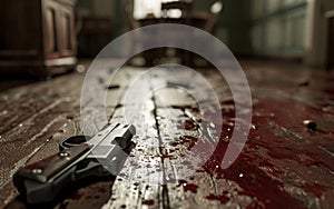 A photo showing a gun covered in blood lying on a wooden floor, depicting a crime scene.