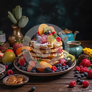 The photo a colorful plate with pancakes and waffles stacked photo