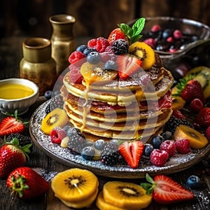 The photo a colorful plate with pancakes and waffles stacked photo