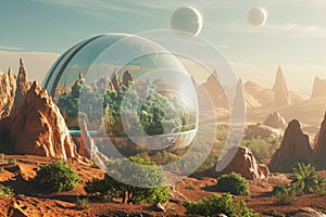 This photo shows a futuristic landscape with towering mountains, rugged rocks, and verdant trees, A panoramic view of a bio-dome