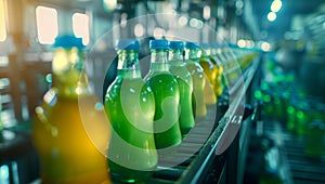 The photo shows green and yellow glass bottles of soft drinks on the conveyor belt in a production line at a factory, with a focus