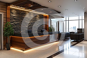 This photo shows a lobby featuring a sizable stone wall and a plant, creating a unique and earthy atmosphere, Business office