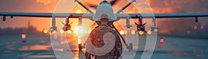 The photo shows a soldier standing in front of a large military drone. The sun is setting in the background, casting a golden glow