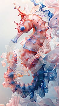 The photo shows a watercolor painting of a red and blue seahorse