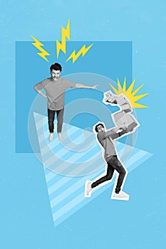 Photo sketch collage graphics artwork picture of angry boss firing employee holding stuff isolated drawing background