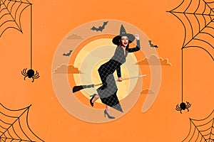 Photo sketch graphics artwork picture of charming funny witch flying broom isolated drawing background