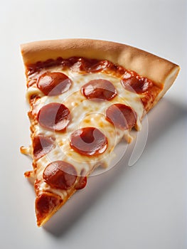 Photo Of A Slice Of Hot Pizza With Stretchy Cheese, Isolated On A White Background. Generative AI