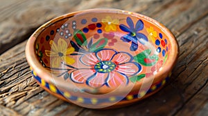 A photo of a small clay dish with handpainted flowers in bright vibrant colors.