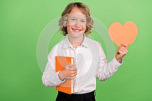 Photo of small funky blond boy hold heart book wear white shirt isolated on green color background
