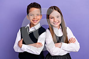 Photo of smart classmates schoolkids cross arms for new knowledge at class courses isolated bright color background