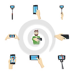 Photo on smartphone icons set, cartoon style