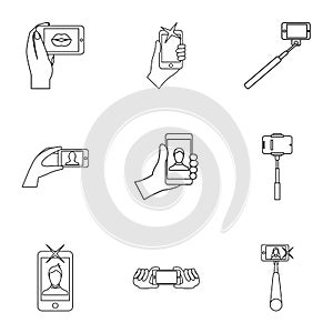 Photo on smartphone icons set, outline style