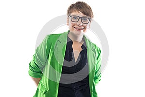 Photo of smiling pudgy woman in glasses