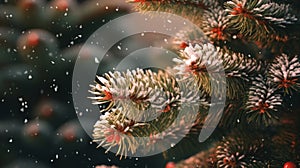 Photo of a snow-covered pine tree up close