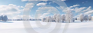 photo of snowy field with trees behind some snow, in the style of realistic scenes, flat backgroun