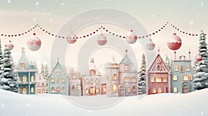 Photo of a snowy winter wonderland with a charming town adorned in Christmas decorations