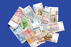 Photo of somoni bank notes from Tajikistan and Russian ruble bank notes