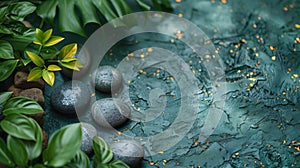 Photo of spa background with stones and bamboo leafs on table