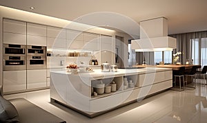 Photo of a spacious kitchen with a beautiful countertop and seating area