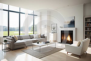 Photo of specious white living room interior, Generative Ai