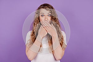 Photo of speechless voiceless lady palms cover mouth shut up sign wear casual outfit on purple background photo